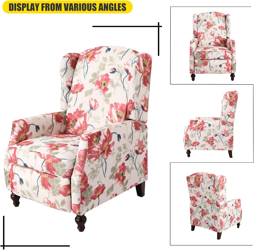 Upholstered Wingback Recliner Chair, Traditional Push Back Recliner Chair with Padded Seat, Fabric Floral Chair