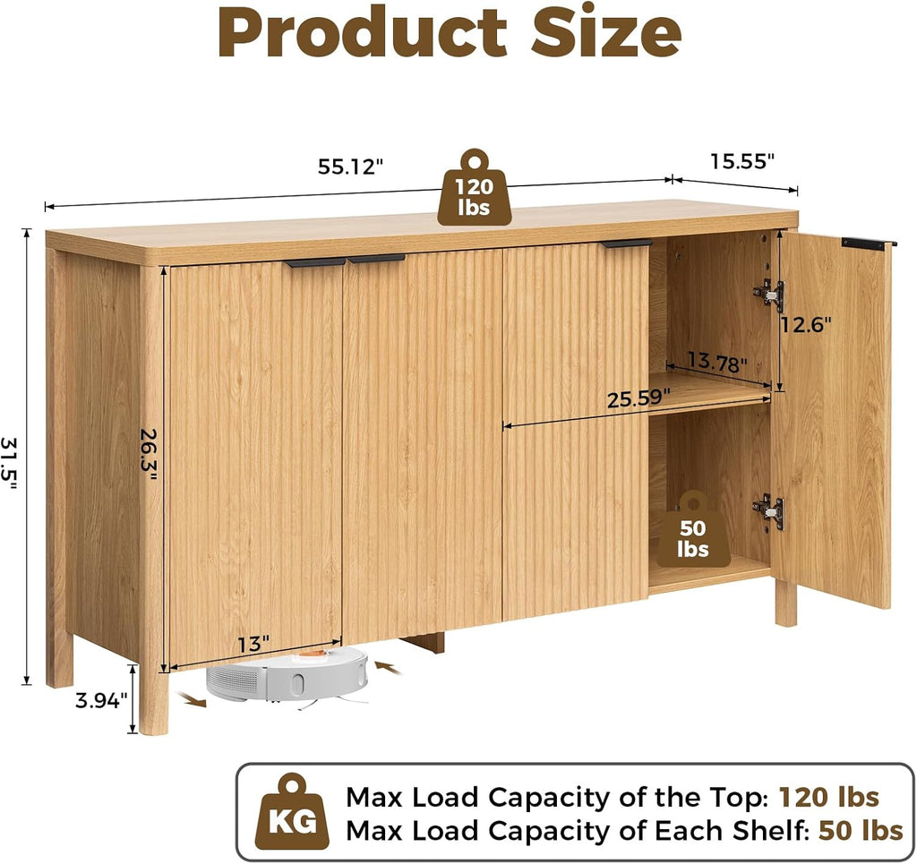 55'' Sideboard Buffet Cabinet with Storage Fluted Sideboard Buffet with Adjustable Shelves Coffee Bar Console Table