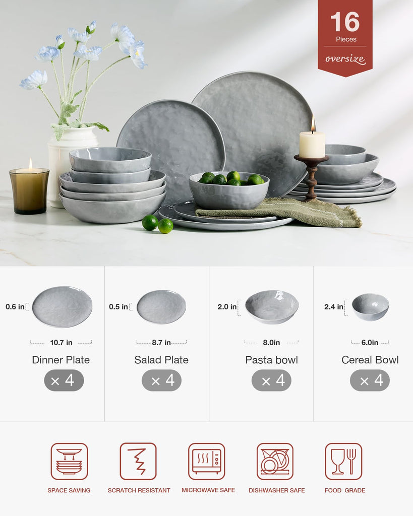 Porcelain Dinnerware Set for 4, 16-Piece, Sleek Grey