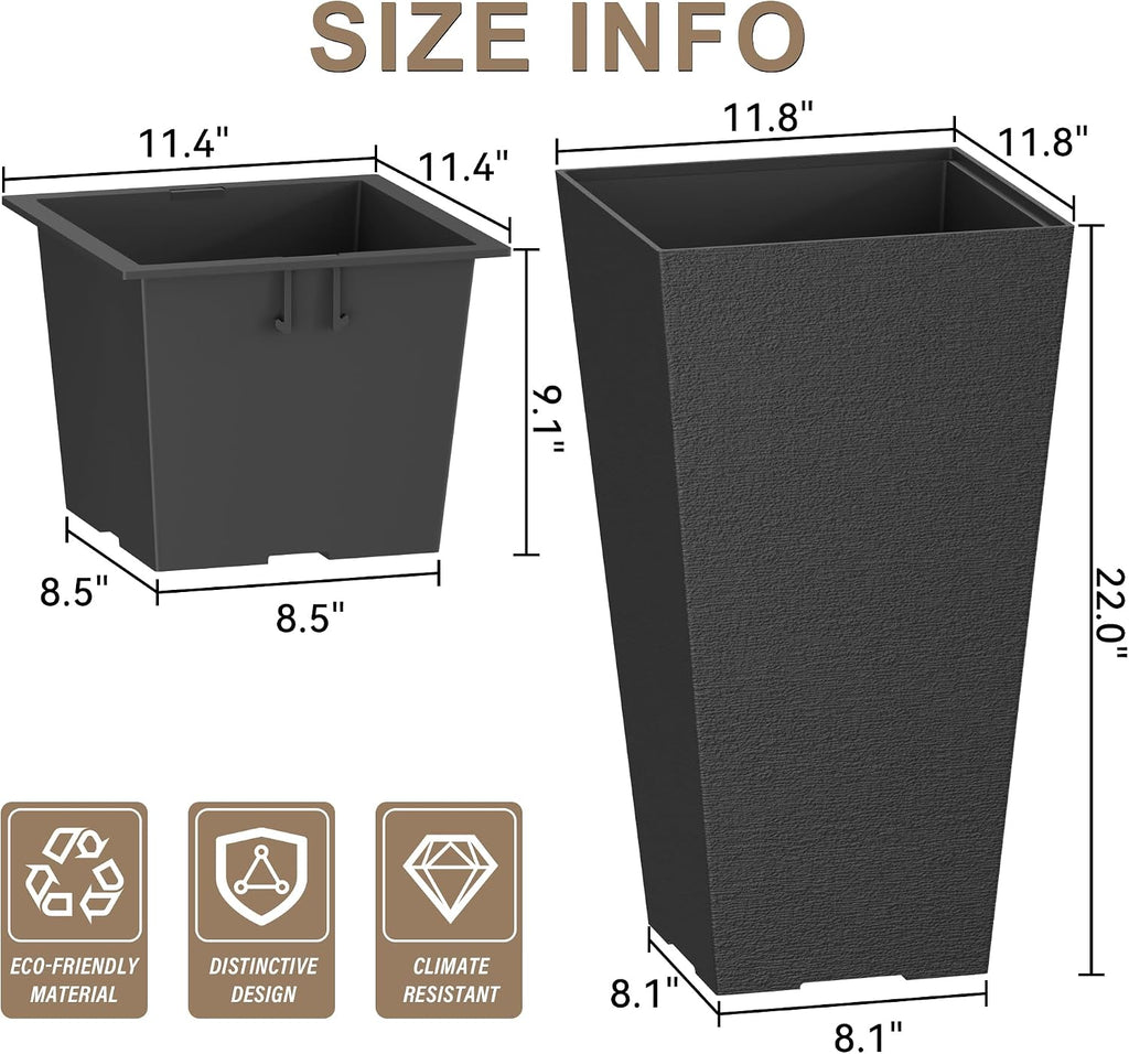 Set of 2 Black Square Planters 22.5" Tall Home & Outdoor | Tapered, Nursery Pot & Outer Cachepot, Indoor Use, Modern
