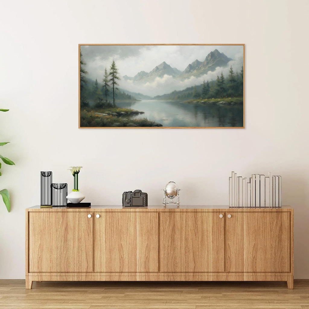 Large Green Forest Framed Canvas Wall Art, Misty Mountain Lake Wall Decor, Modern Foggy Wood Landscape Artwork