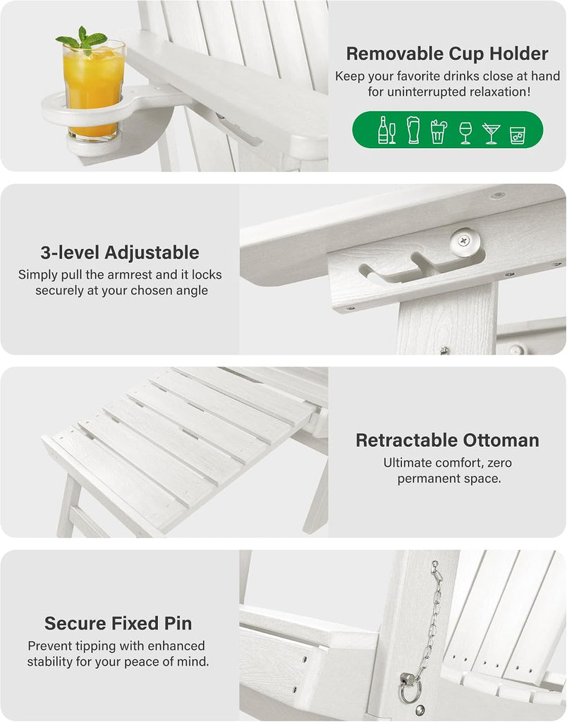 Adirondack Chairs with Footrest, HDPE Adirondack Chair, White | Folding Adirondack Chair, Adjustable Backrest