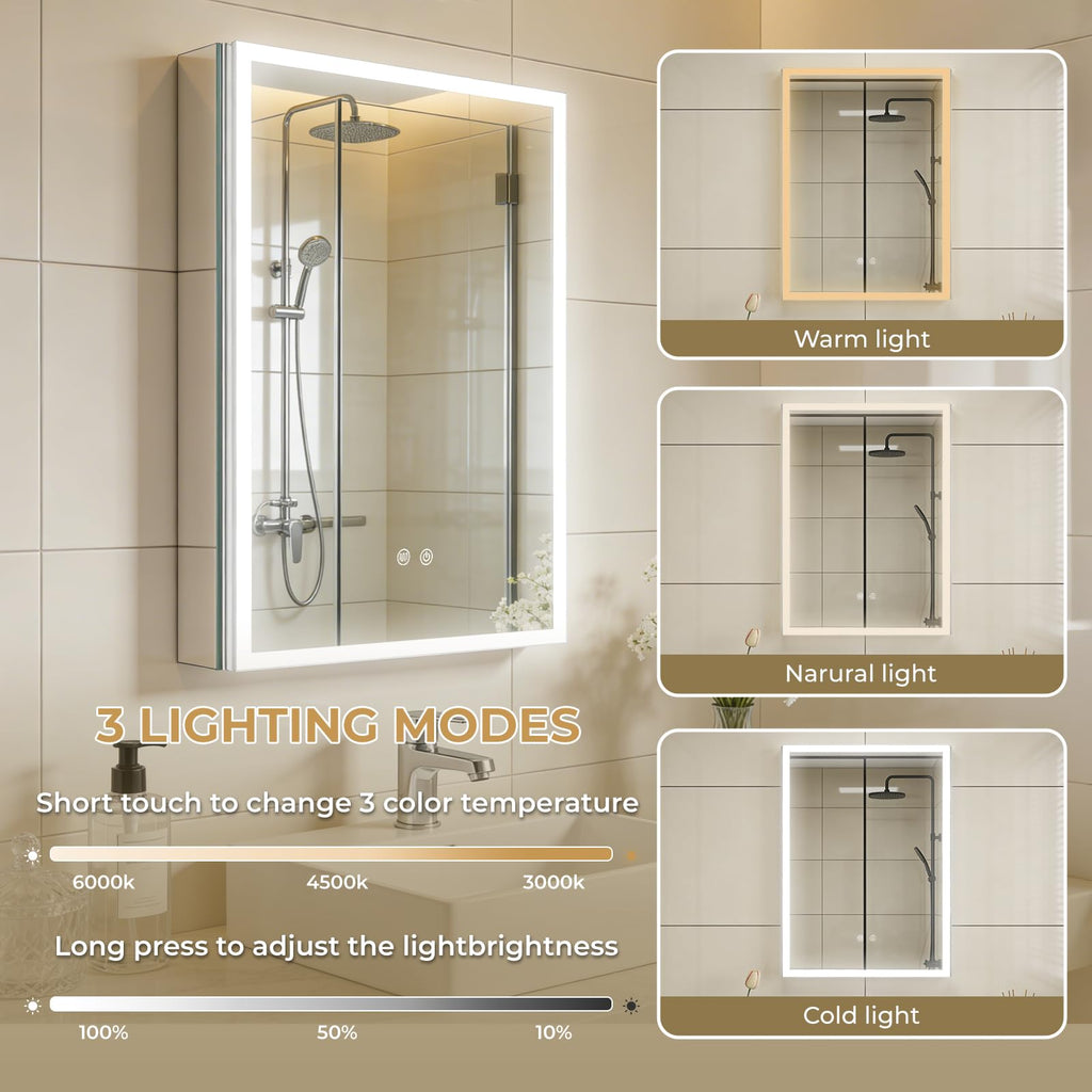 20 x 28 LED Bathroom Medicine Cabinet, Square Lighted Mirror Cabinet with 3-Color Dimmable Lighting, Memory Function