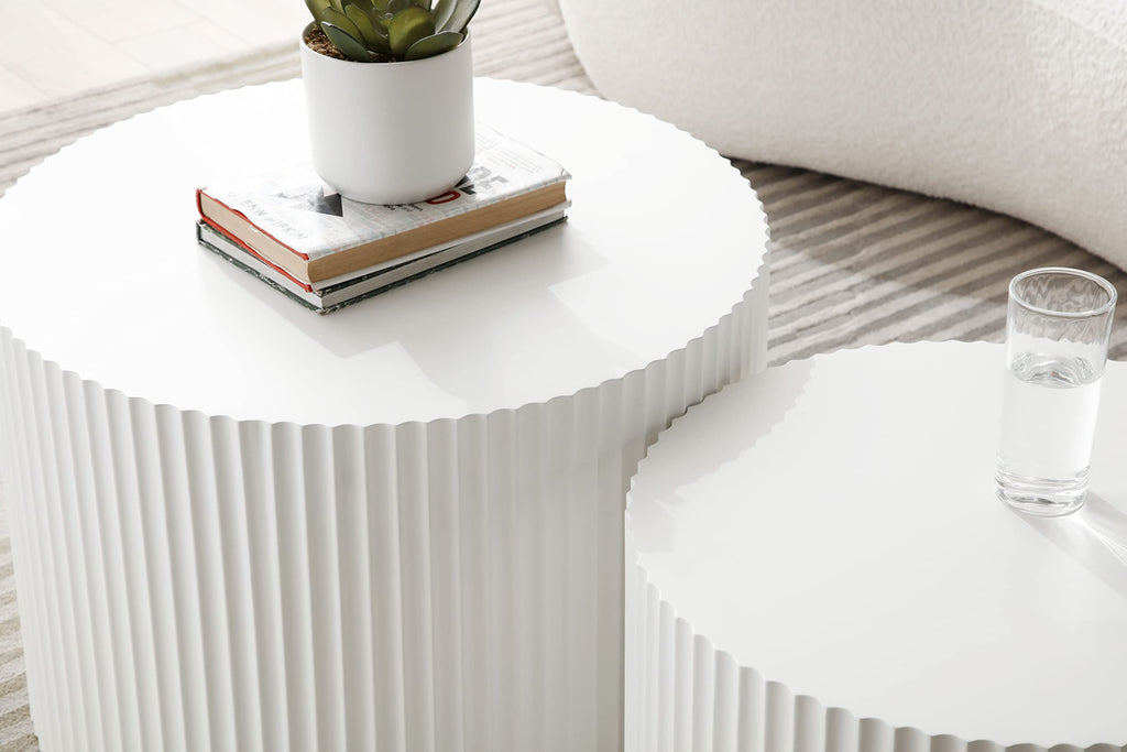2-Piece Nesting Coffee Tables Set - Modern Drum End Tables for Small Spaces, White Round Accent Furniture s (15.75" H)