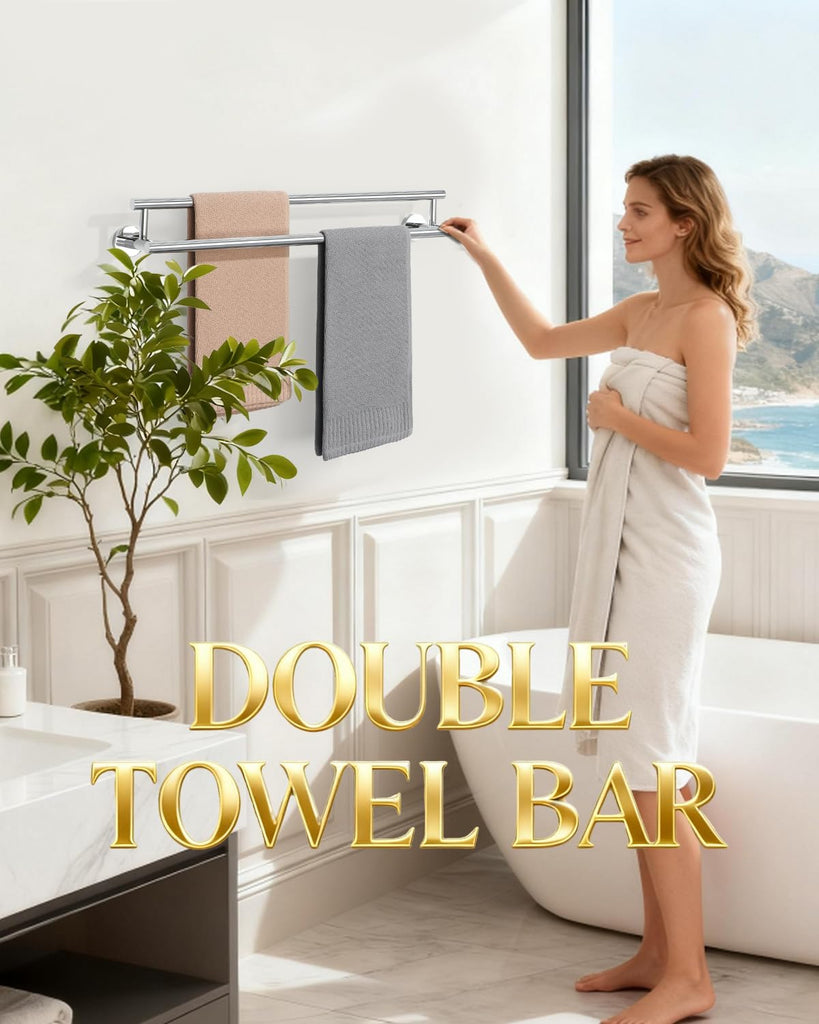 Double Towel Bar, 24" Towel Rack Wall Mounted, Chrome