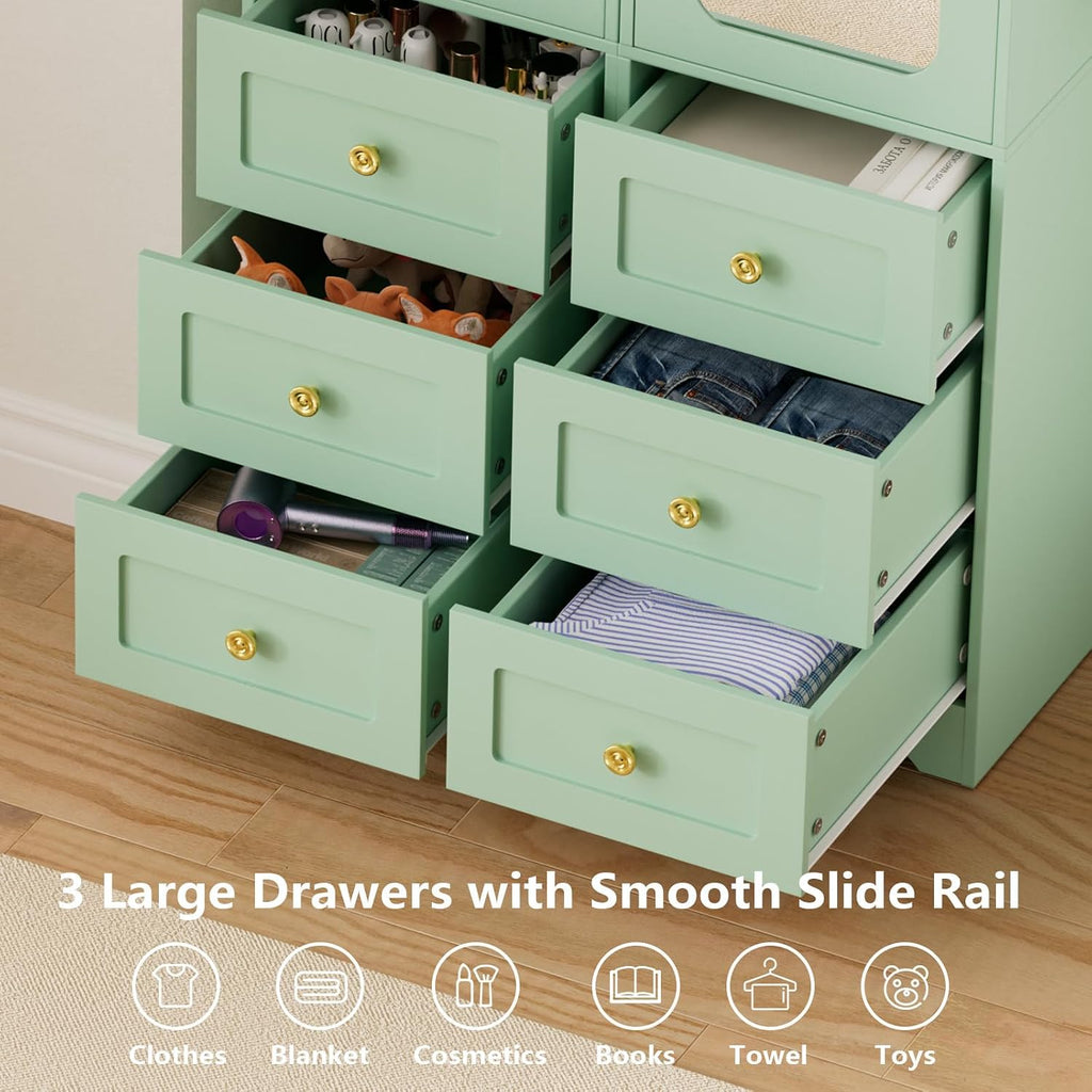 Armoire Wardrobe Closet, Green Bedroom Armoires Cabinet with Mirror Door and 6 Drawers, 69.5" H Wood Clothing Storage