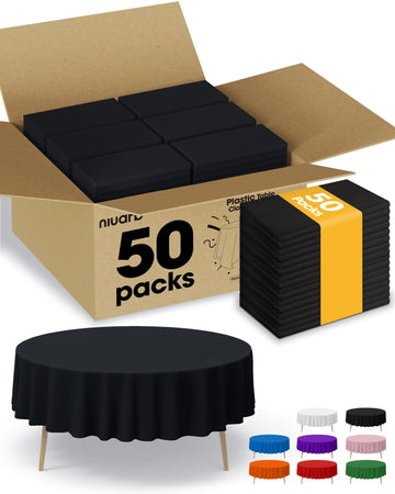 Black Plastic Table Cloth - 50 Pack 84" Round Disposable Tablecloths for Round Tables, Waterproof Table Cover for
