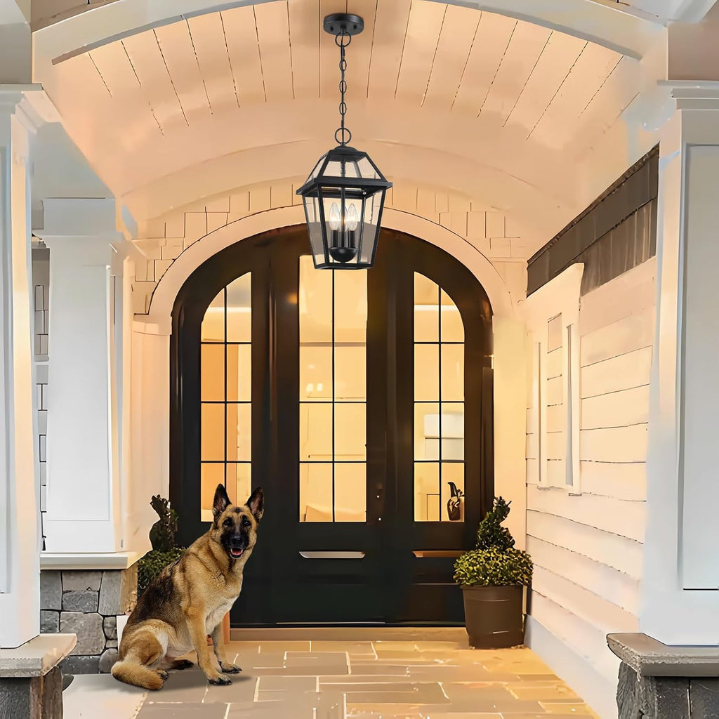 Modern 3-Light Large Outdoor Pendant Light for Porch, 16" Matte Black Exterior Hanging Light Fixture