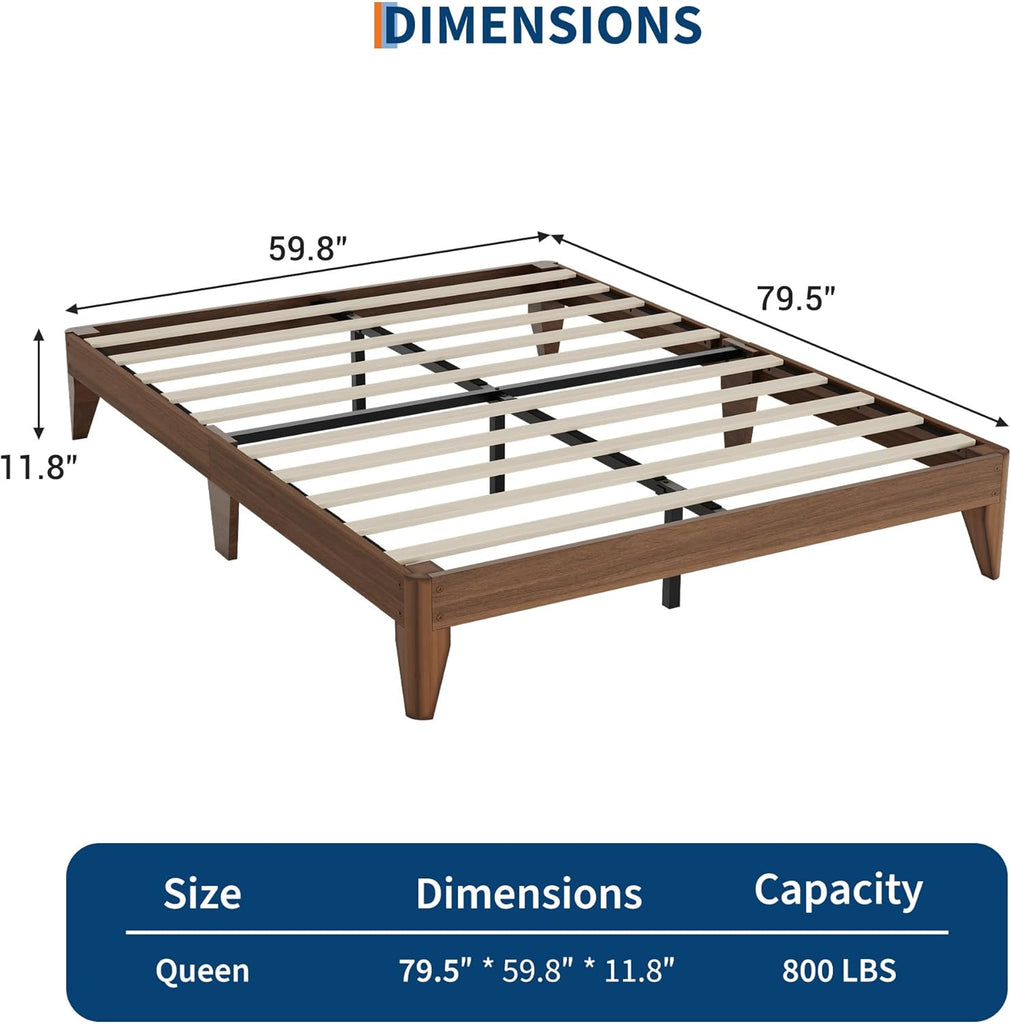 Wood Platform Bed Frame Queen, Solid Wooden Legs and Wooden Slats Support, Sturdy Metal Central Structure, No Box