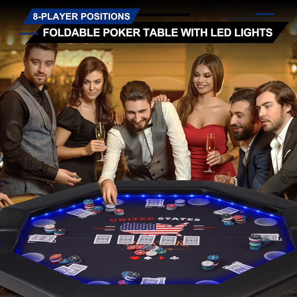 Foldable Poker Table with LED Lights, Octagon Casino Leisure Texas Holdem Table for 8 Player, Folding Blackjack Table