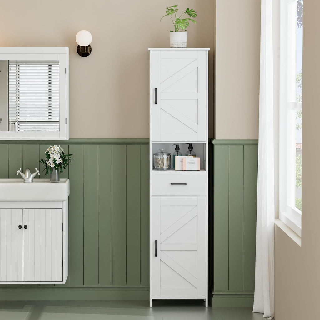 67" H Tall Bathroom Storage Cabinet with Barn Doors and Drawer | Narrow Storage Unit with Adjustable Shelves, Floor