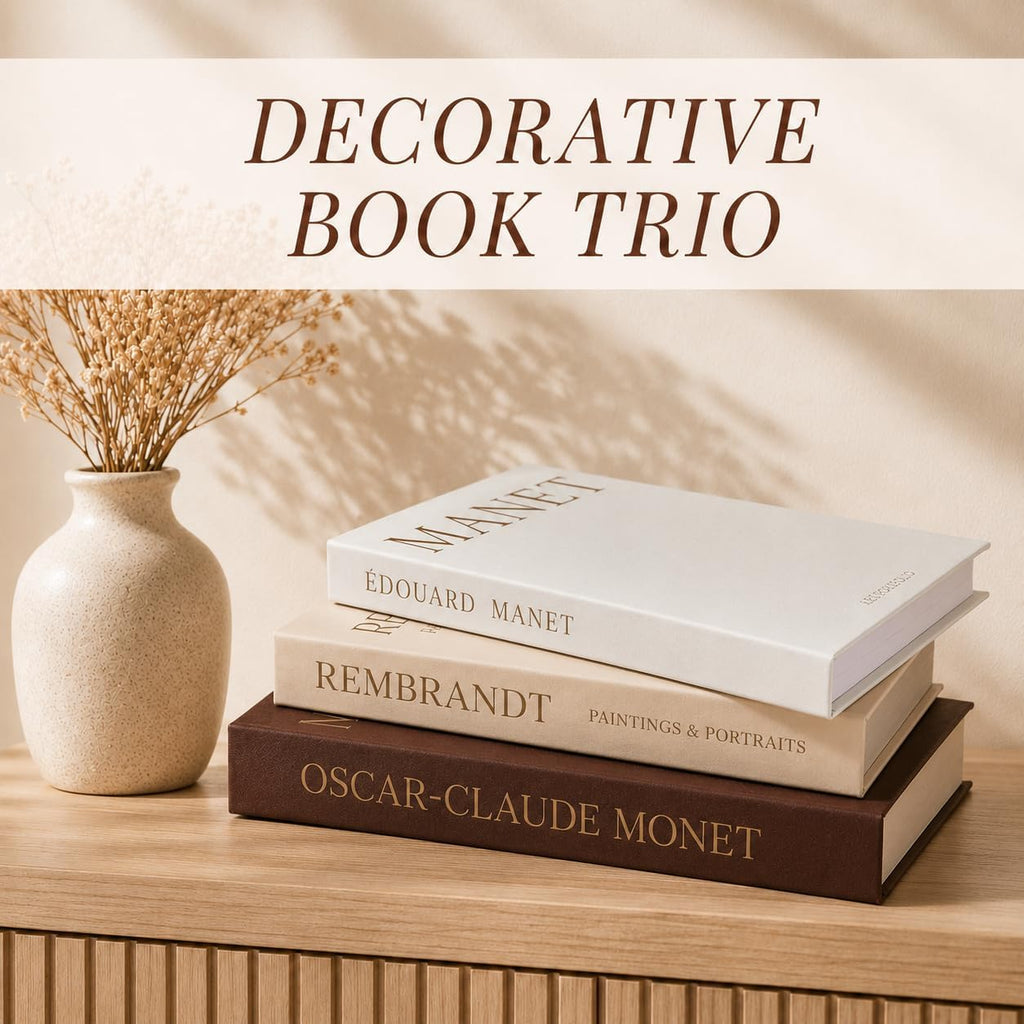 Decorative Books Decor, Set of 3 Linen Faux Books with 1 Natural Wood Bead Jute Tassel