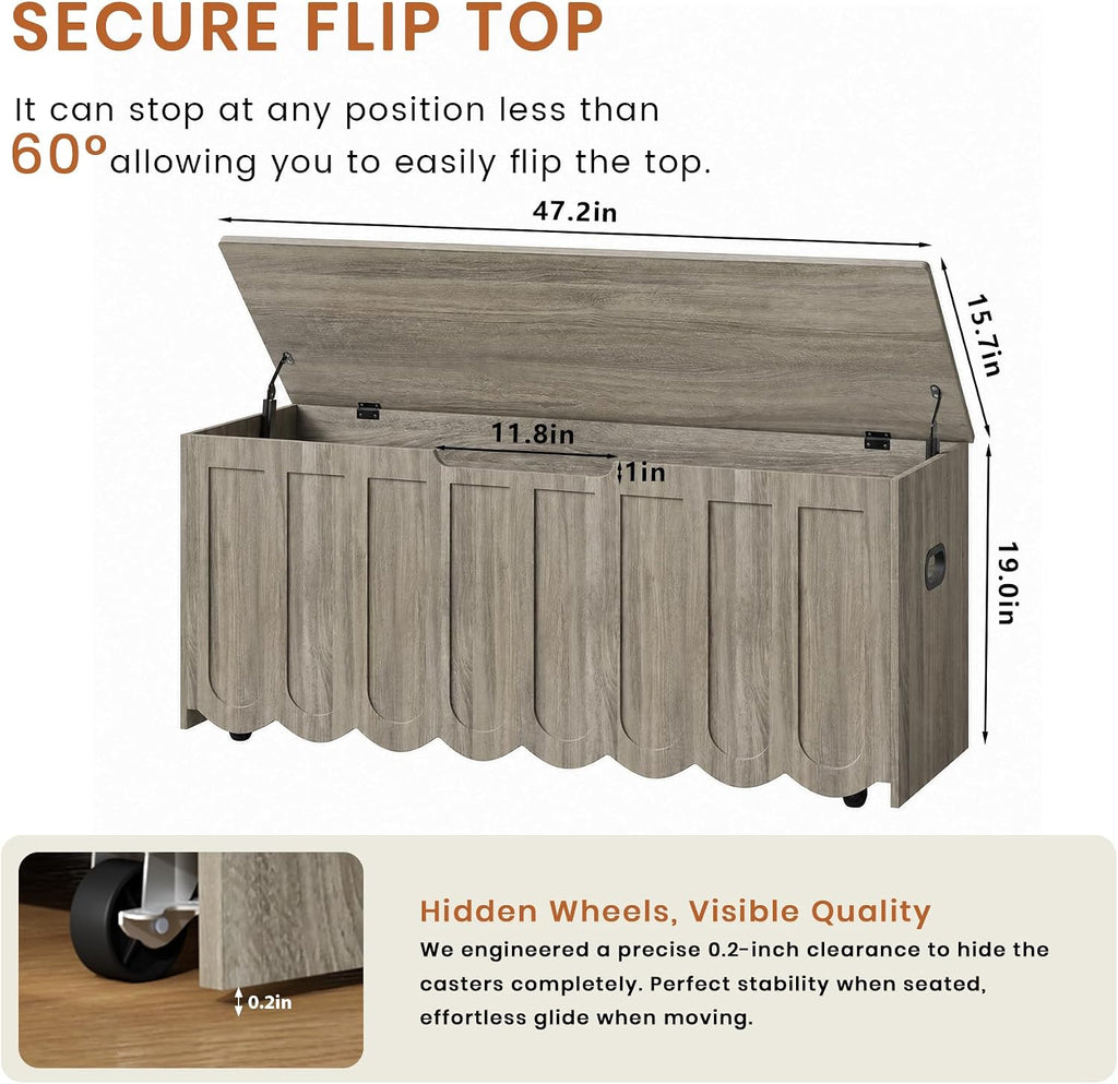 47.2" Storage Bench, Storage Chest with Cushion Seat, 4 Swivel Wheels & 2 Safety Hinges, Wooden Entryway Bench with