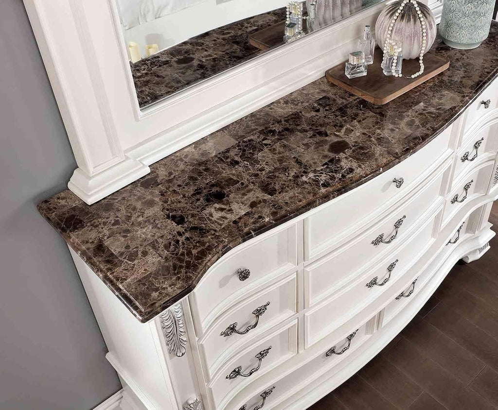 Luxury White 1pc Dresser Dovetail Drawers Genuine Marble Top Bronze Round Knob and Hanging Pulls Bedroom Traditional
