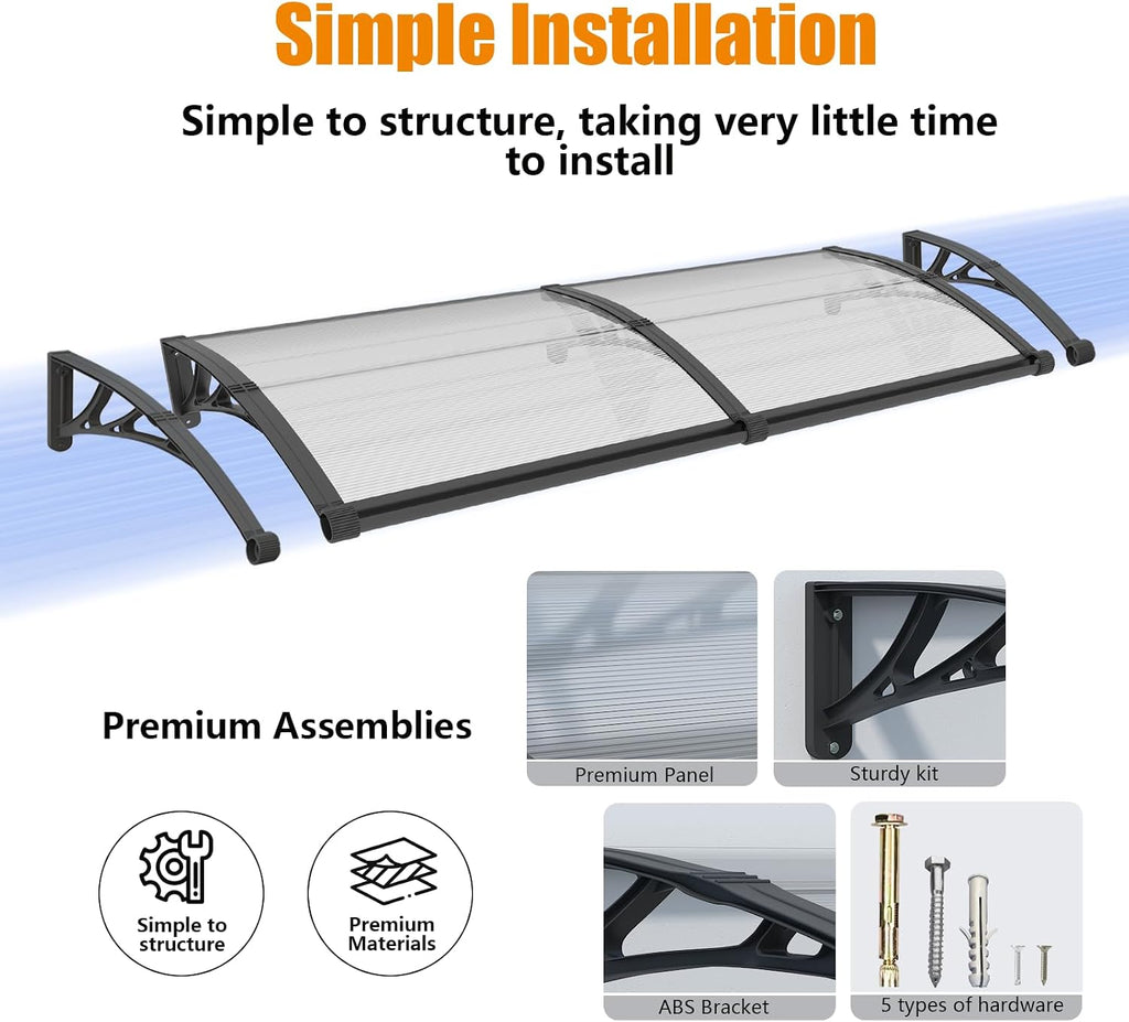 Window Awning Door Canopy 40"x60", Awnings for Doors Polycarbonate Cover Patio Door Awning UV Rain Snow Sunlight