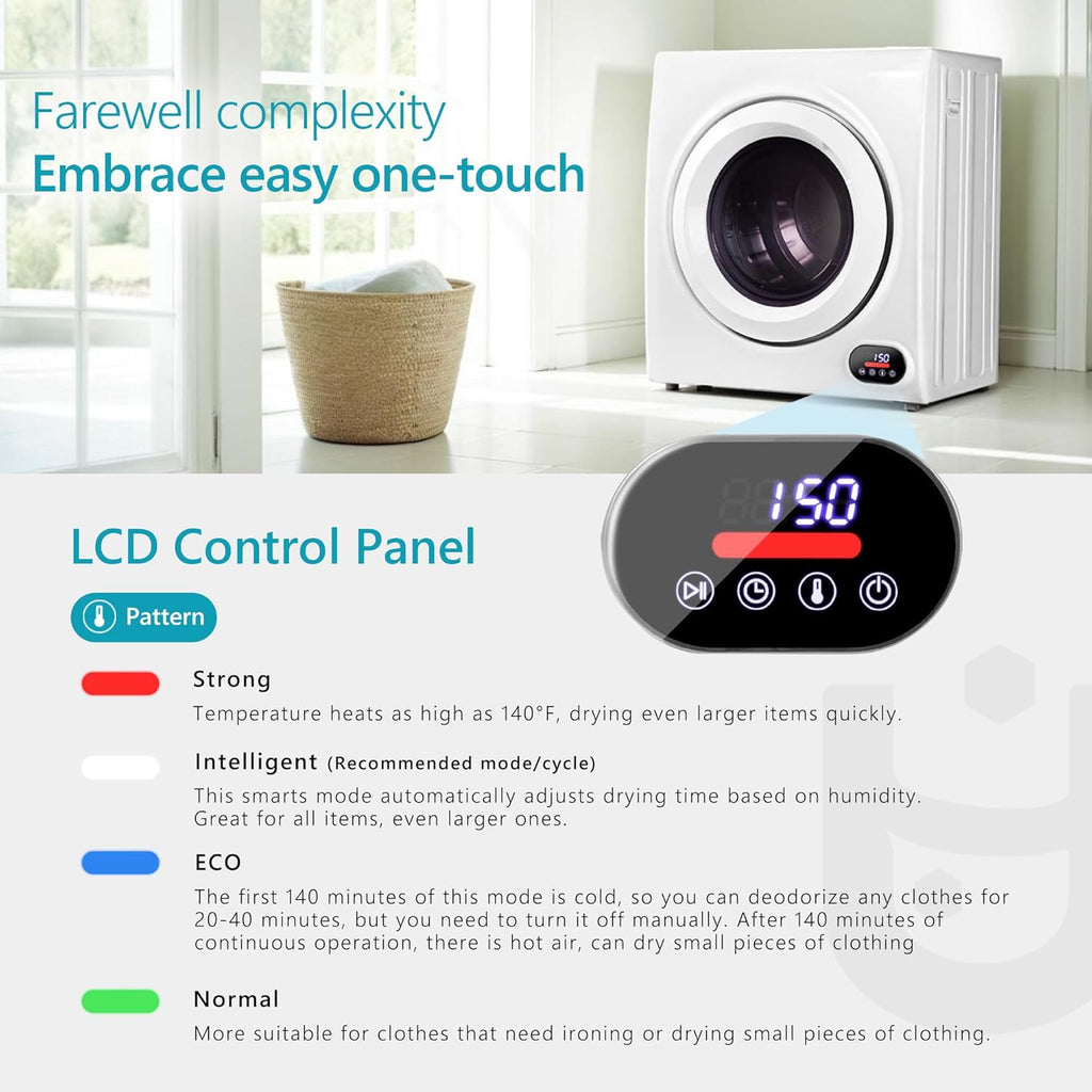 Compact Laundry Dryer, 3.5 cu ft Front Load Stainless Steel Clothes Dryers With Exhaust Pipe, 1500W, LCD Control Panel