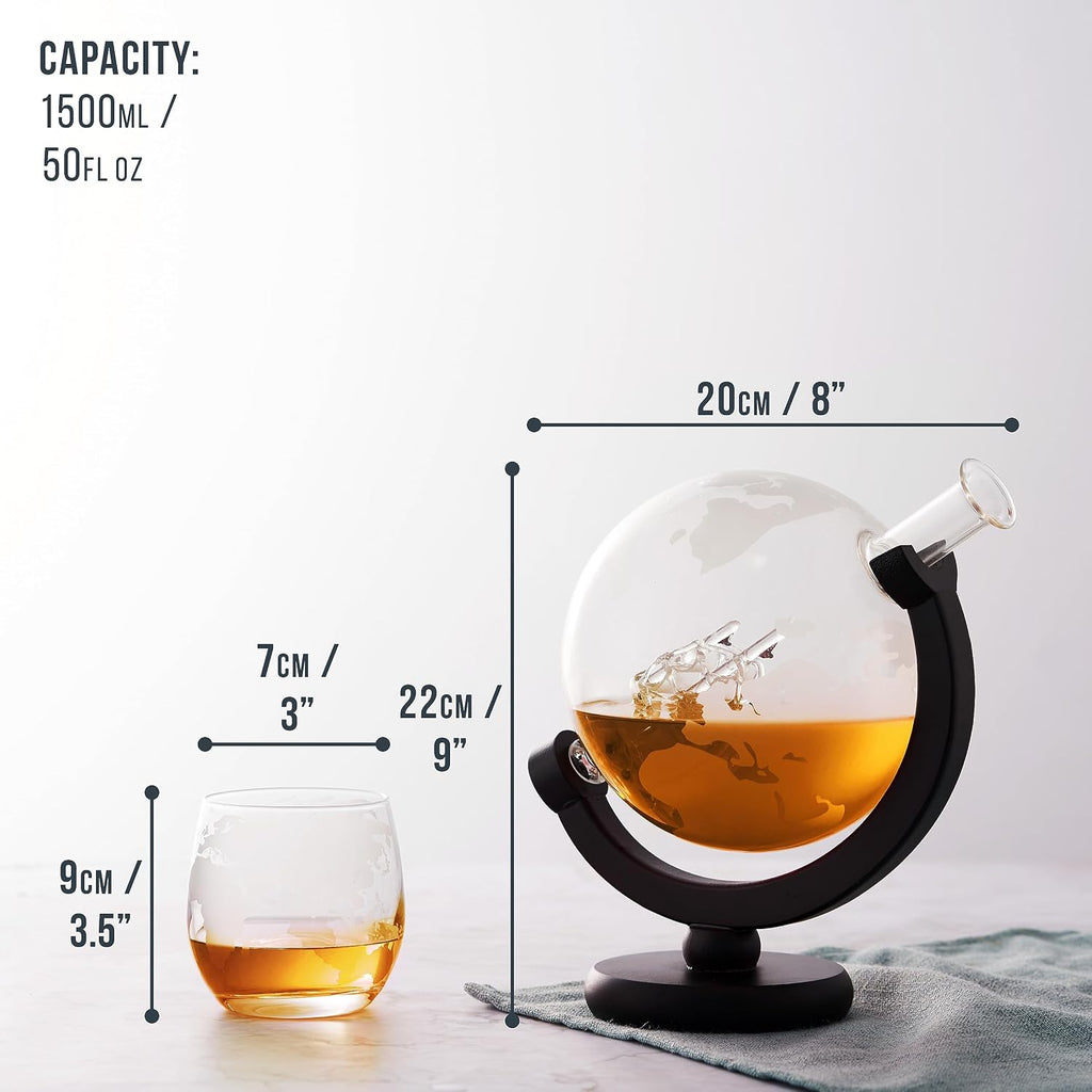 Large Globe Whiskey Decanter Sets for Men 50oz (1500ml) with 2 Glasses - Anniversary Birthday Gifts for Him, Men