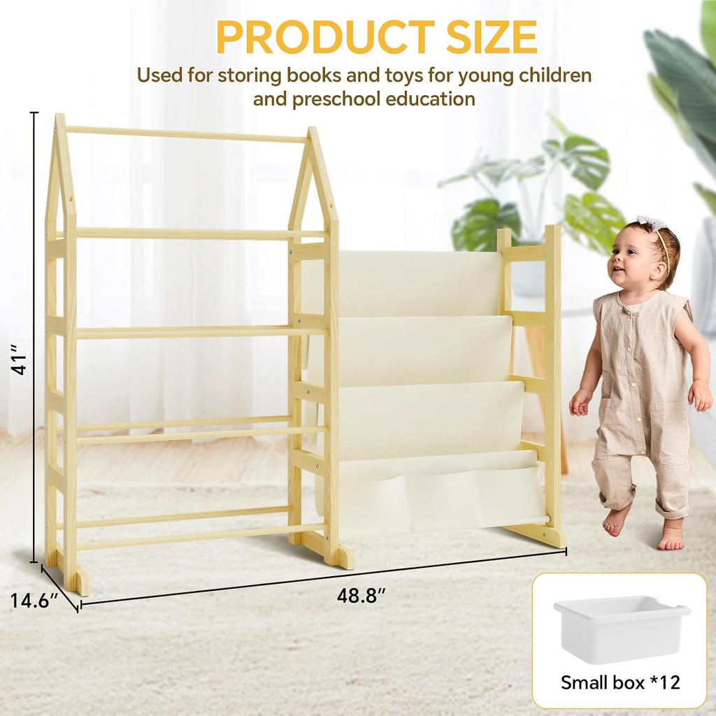 Wooden Toy Storage Organizer Kids Bookshelf, with 12 Toy Organizer Bins, Child Book Shelf for Kids Rooms, Nursery