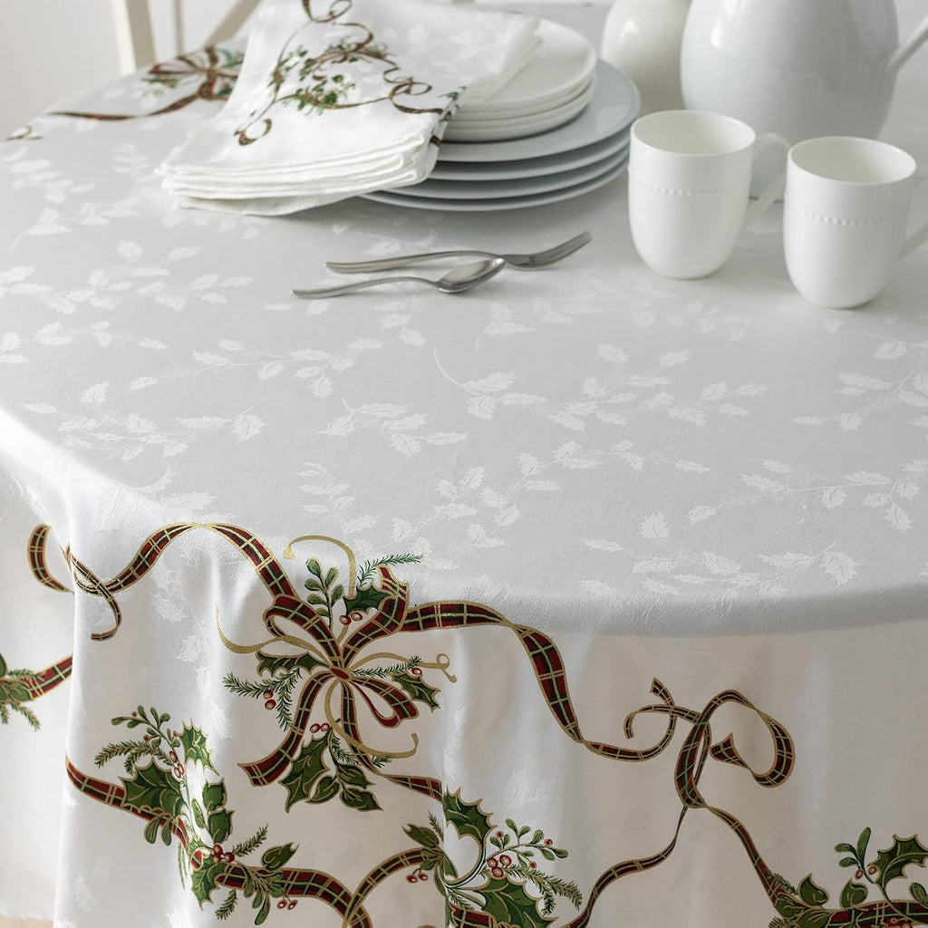 Heavyweight Engineered Printed Jacquard Fabric Christmas Table Cloth, Winter, and Christmas Tablecloth (Merry Ribbons
