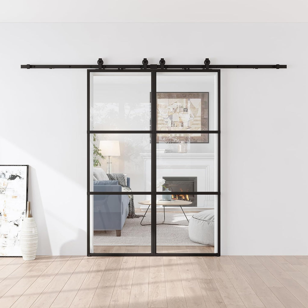 76 x 84 in Metal and Glass Sliding Double Barn Door with Installation Hardware Kit (Soft-Close Inclu