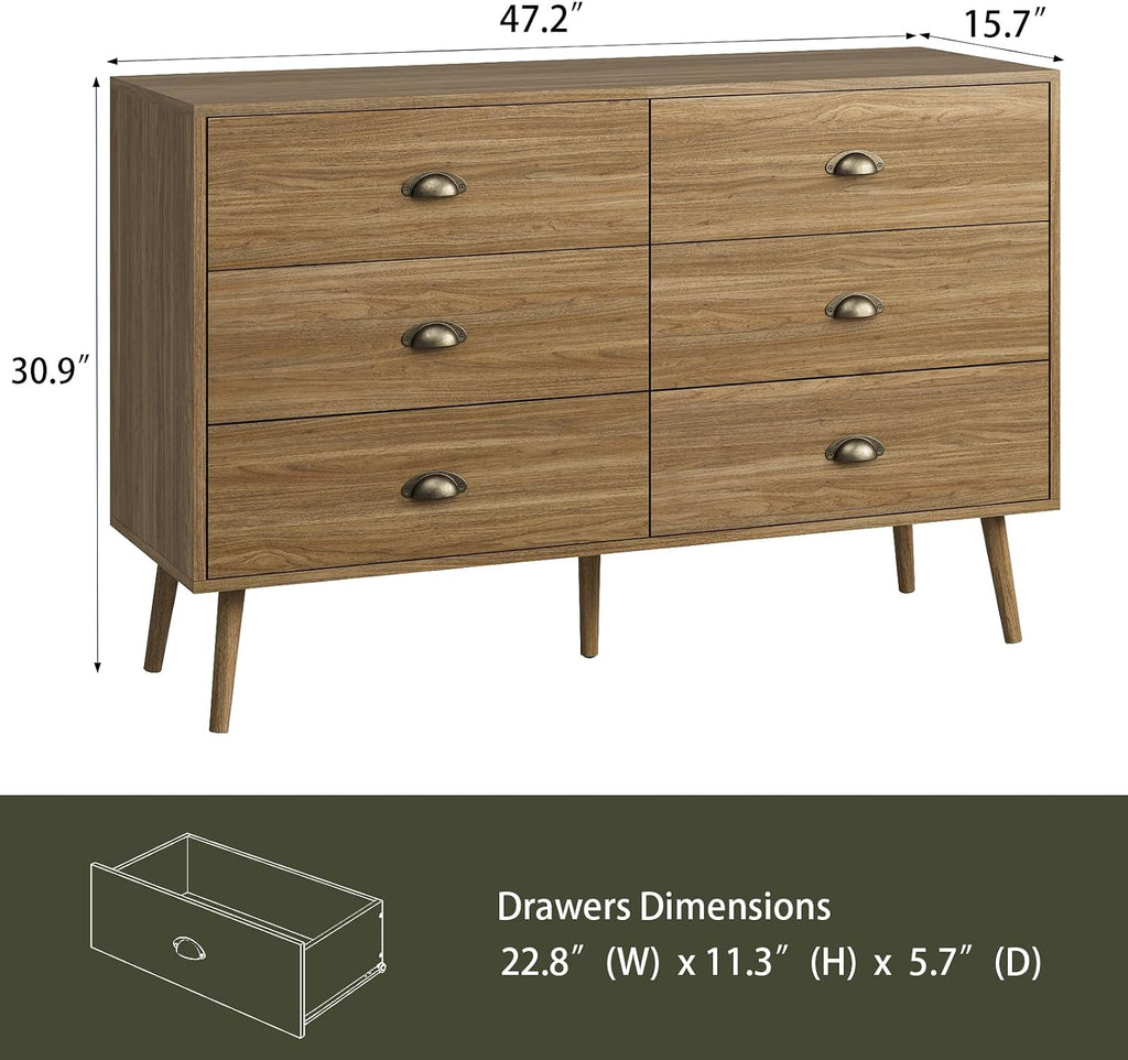 Dresser Wide Mid Century Modern Chest of Drawers,Wooden Bedroom Dresser with 6 Storage Drawers ,Oak