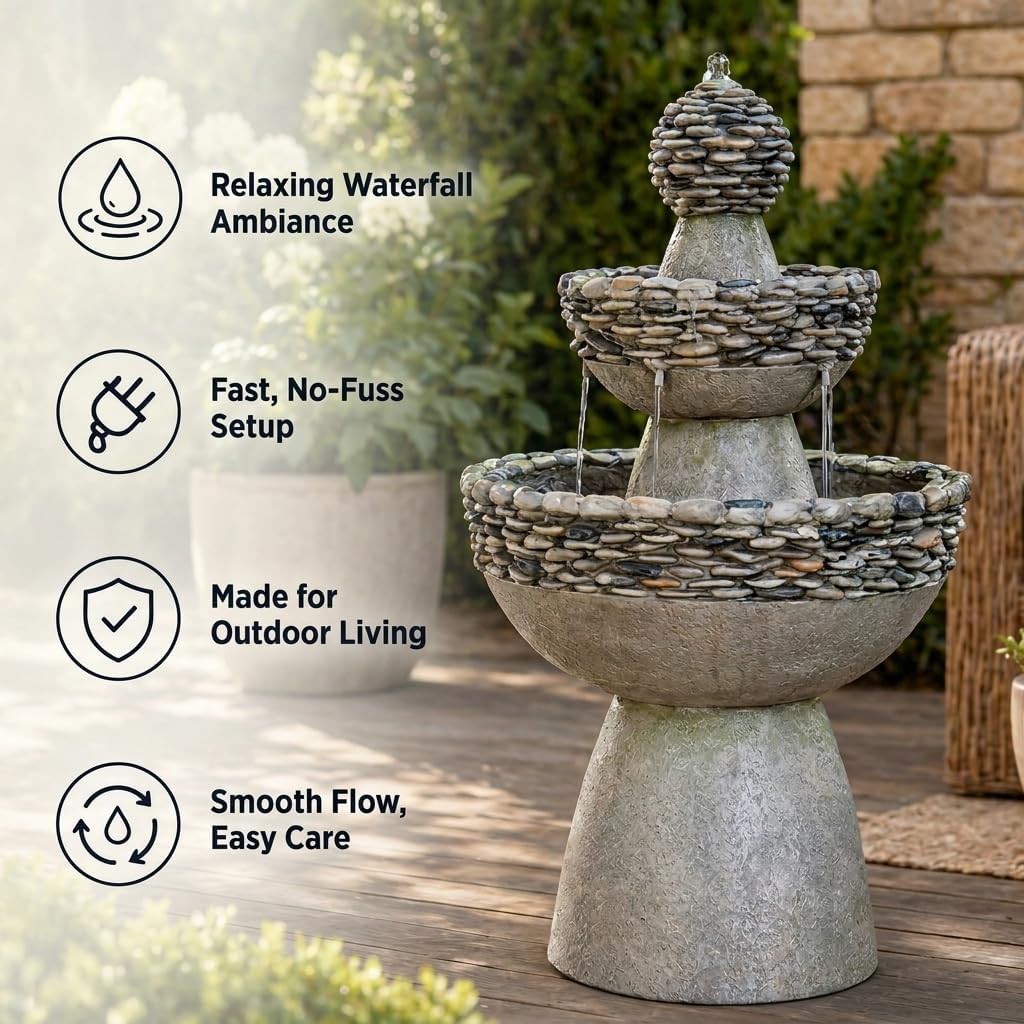 36.5 in. Outdoor 3-Tier Zen-Style Pedestal Water Fountain in. with Stone Trim with Pump and 2.64 Gallon Capacity