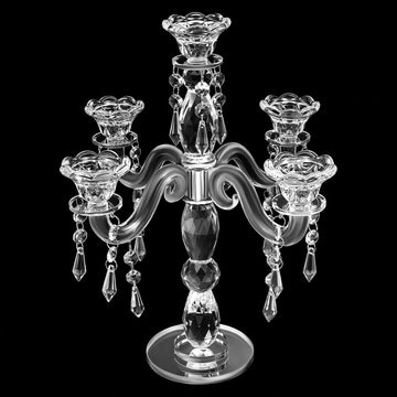 5-Arm Crystal Candelabra with Pendant, Elegant 14'' Tall Crystal Glass Candle Holder with Stable Base, Romantic Table