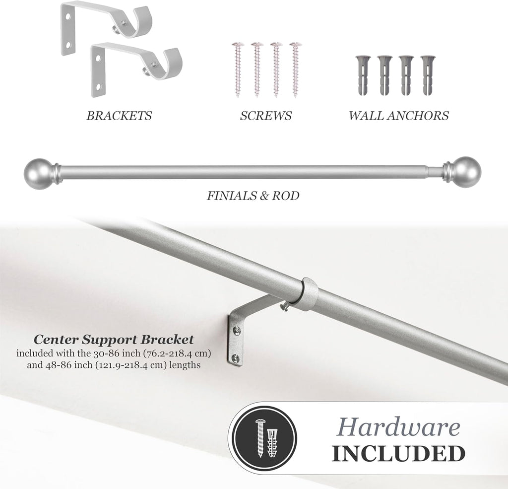 Chelsea Ball End Standard Decorative Window Curtain Rod, Brushed Nickel Finish, 5/8"
