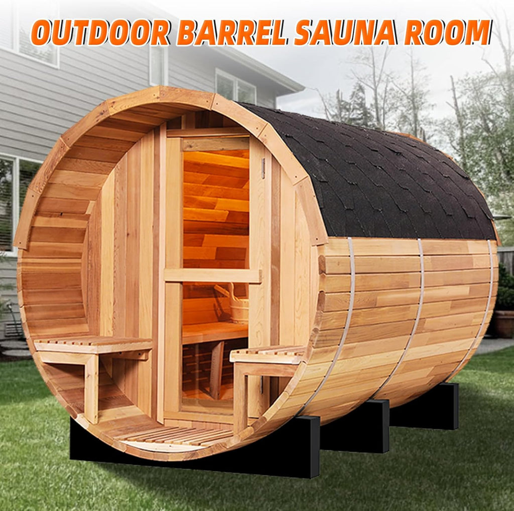 6-8 Person Outdoor Barrel Sauna,Canadian Cedar Wooden Saunas Kit with Porch,6KW TOULE Electric Stove Steam Sauna Room