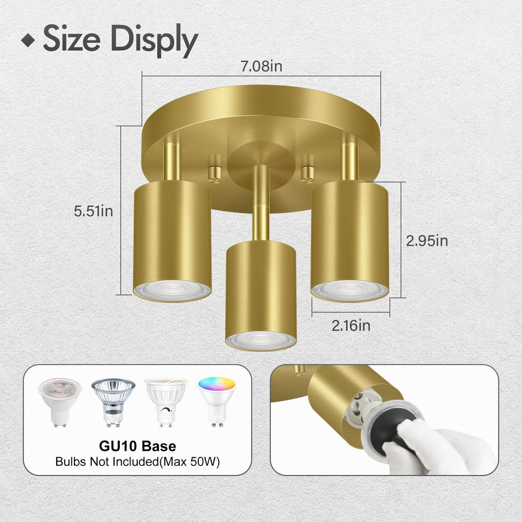 3 Light Track Lighting Fixtures Ceiling, Gold Round Directional Ceiling Spotlight, GU10 Flush Mount Track Fixture