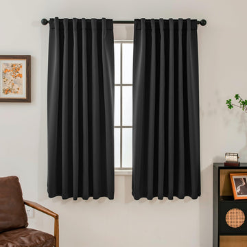 Blackout Curtains 63 Inches Long 2 Panels, Black Out Drapes, Back Tab and Rod Pocket Top, Set of Two, Black, 52"
