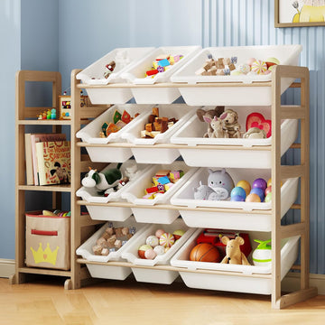 Toy Storage Organizer - Toy Organizers and Storage with Bookshelf, Toy Storage Shelf with 3 Shelves and 12 Storage