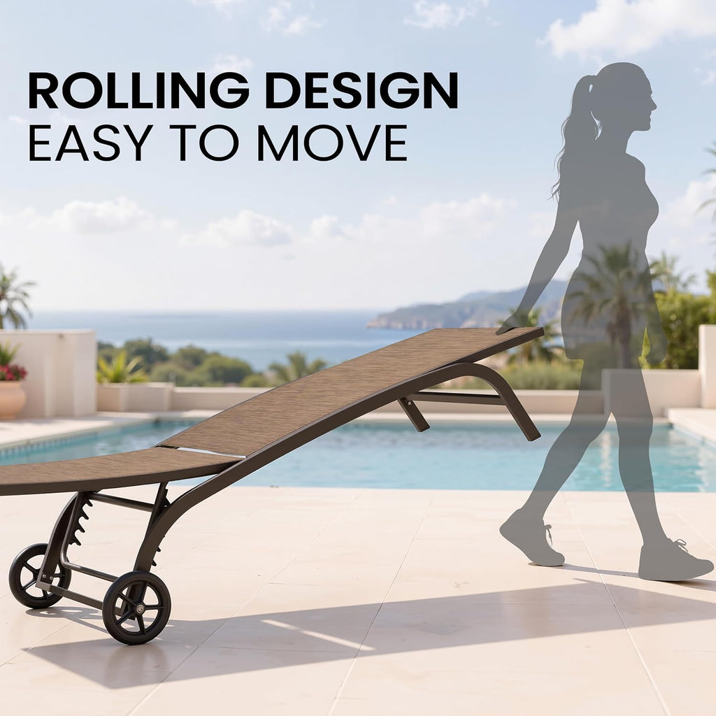 Pool Lounge Chairs with Wheels, Chaise Lounge Chairs Set of 2 (Brown) | 5-Position Adjustable Backrest, All Weather