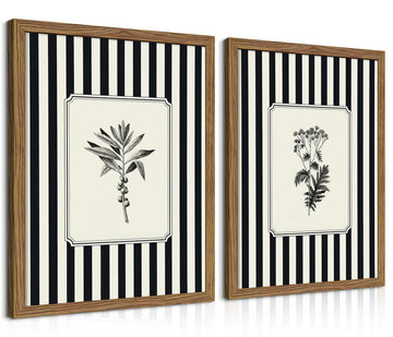 Framed Vintage Botanical Wall Art Set of 2, Black and White Striped Floral Canvas Wall Decor Paintings, Minimalist