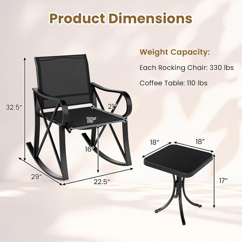 3 Piece Patio Rocking Set, 2 Rocking Chairs with Tempered Glass Side Table, Small Patio Furniture Set with Smooth