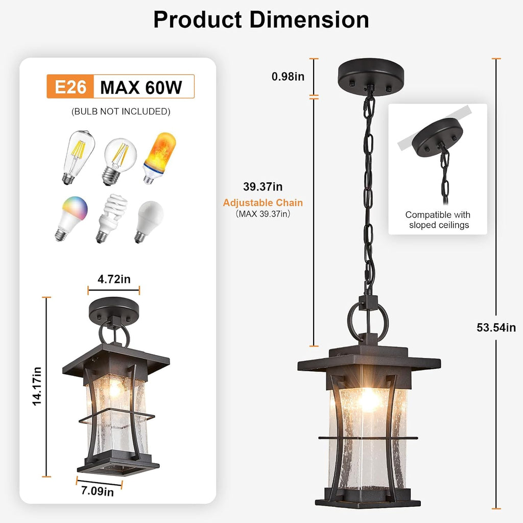 Outdoor Pendant Light, 14" H Large Hanging Lantern with Seeded Glass