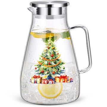 Christmas Glass Pitcher with Lid 74 oz Glass Water Pitcher with Handle Christmas Tree Glass Pitcher Festive Serving