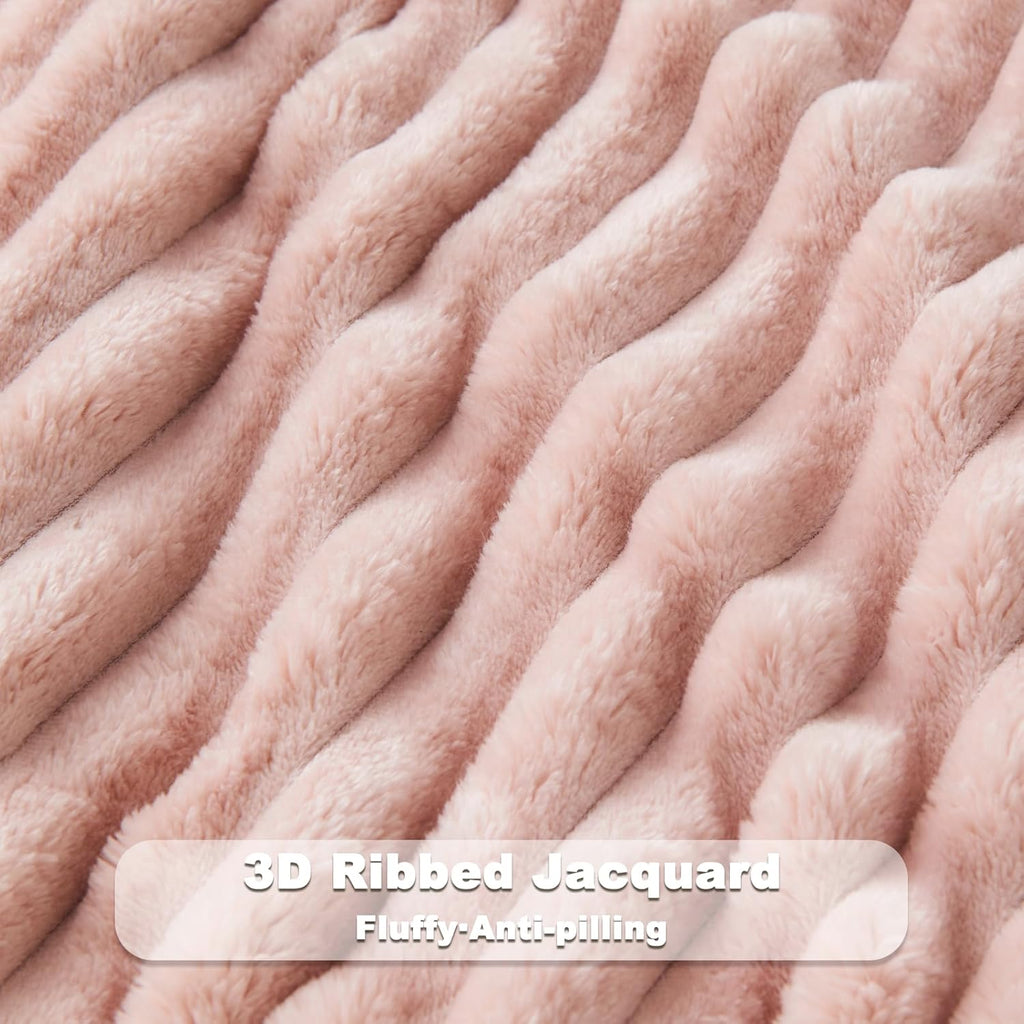 Super Soft Throw Blanket Pink Premium Silky Flannel Fleece 3D Ribbed Jacquard Lightweight Bed Blanket All Season Use