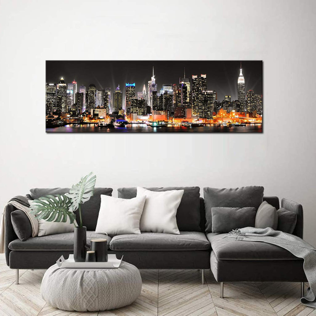 New York City Canvas Wall Art Manhattan Skyline at Night Picture Prints Framed NYC Skyline Landscape Artwork Modern