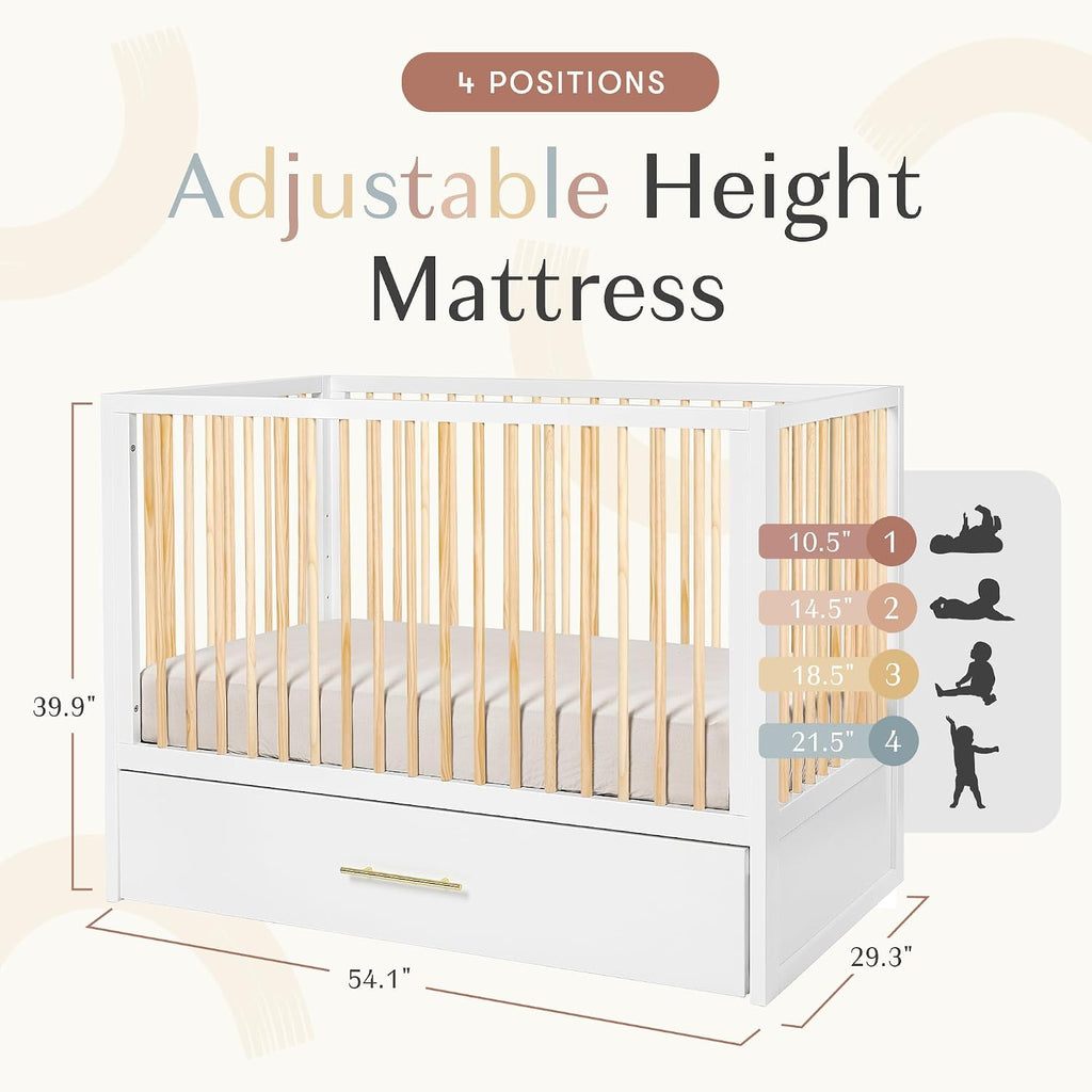 Convertible Crib w/Trundle - Convert from Crib to Toddler Bed - Adjustable Baby Crib & Drawer, Baby Bed, White Crib