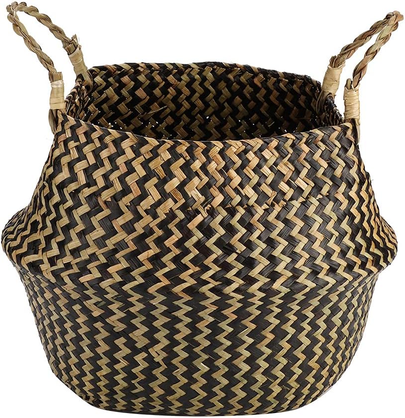 Seagrass Storage Basket, Woven Seagrass Basket, Woven Basket with Handle itory Decor Decor (Black Wavy Pattern)