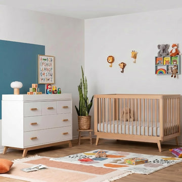 Soho Nursery Furniture Set, Baby Crib & Dresser Combo, White/Natural | Soho 3-in-1 Convertible Beechwood Baby Crib