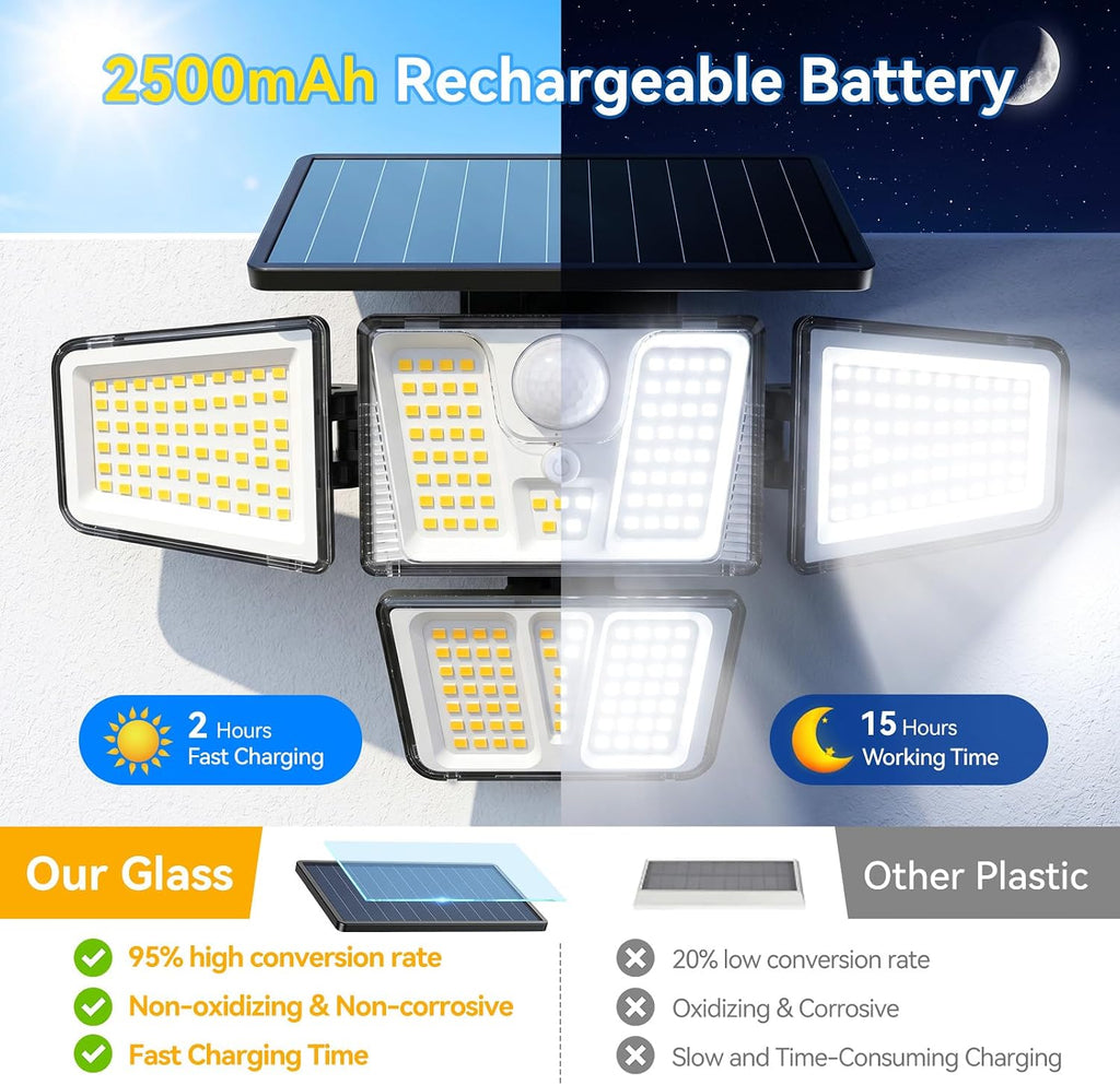 Solar Flood Lights, 3600LM 270° Motion Sensor Outdoor Lights-Remote | 4 Heads 3 Modes Solar Lights Outdoor, Glass