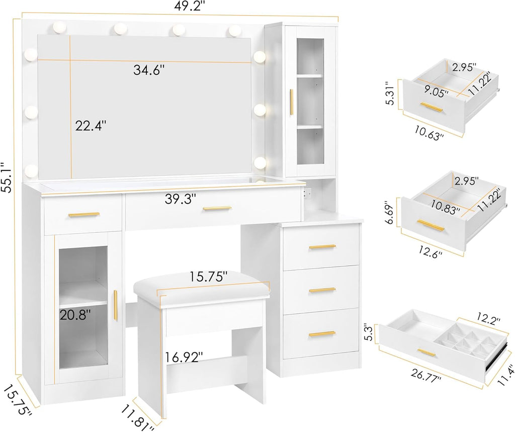 49.2" Large Glass Top Vanity Desk with Lighted Mirror and Stool | White Makeup Vanity table with Nightstand,Power