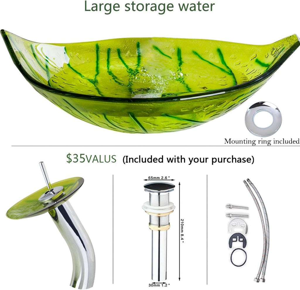 Vessel Sink Leaf Shape Tempered Glass Washing Basin Bowl Waterfall Chrome Faucet Mixer Tap Pop Up Drain Deck Mounted Set