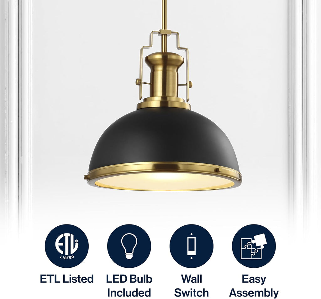13" Black/Brass Gold Modern Industrial Iron LED Dome Pendant Light, Adjustable Hanging Fixture for Kitchen Island or