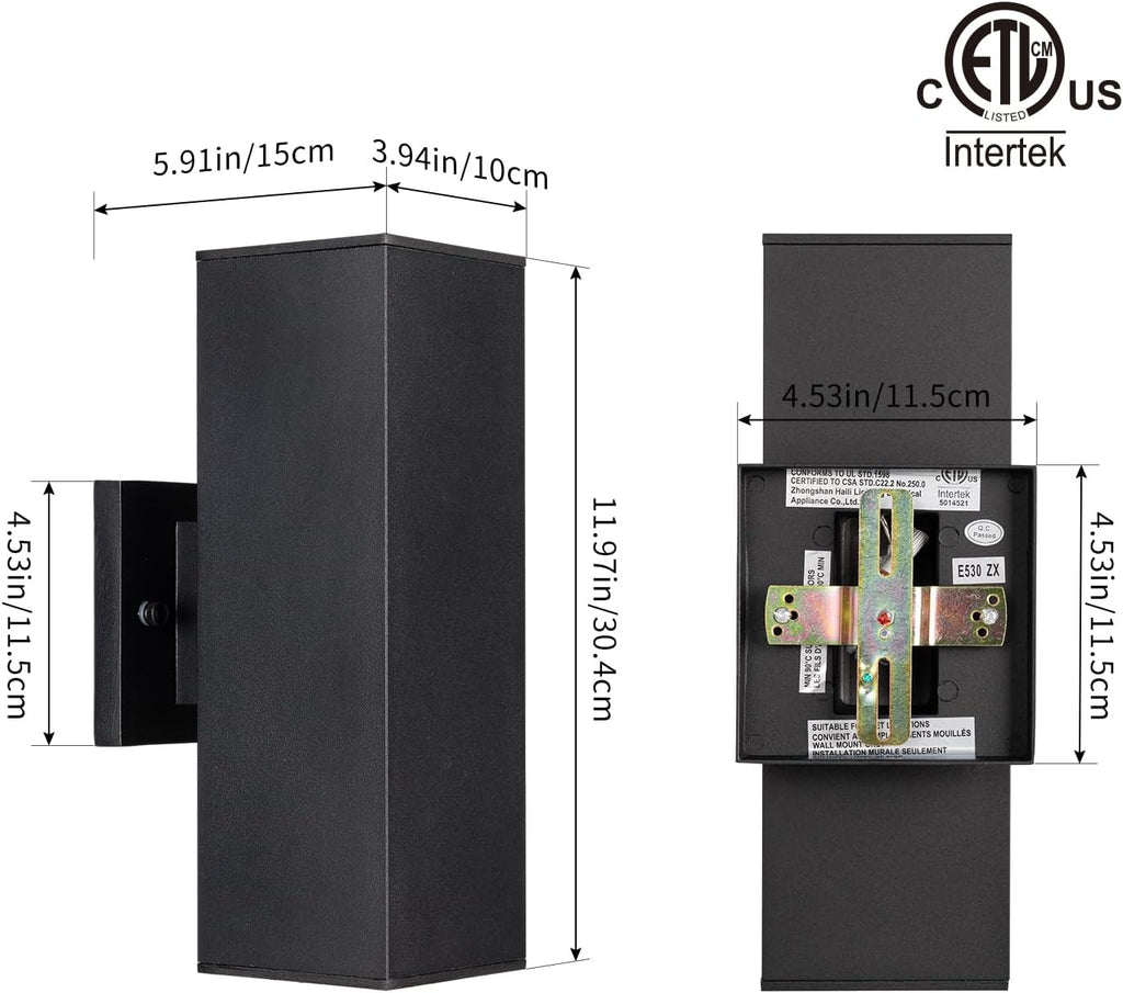 Modern Outdoor Porch Light Patio Light in 2 Lights with Aluminum Rectangular Tube and Tempered Glass Cover Waterproof