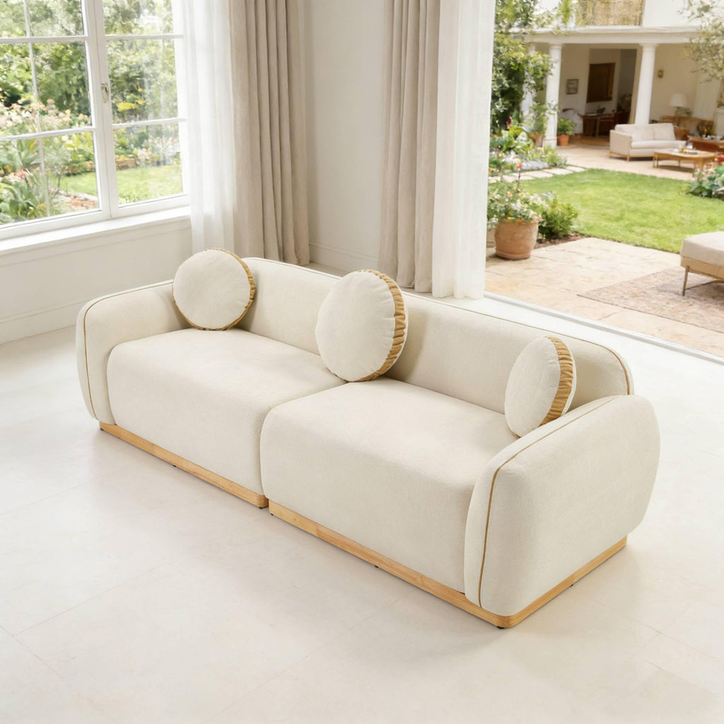 91" Modern Sofa, Upholstered Chenille Couch Curved Sectional Sofas with 3 Round Pillows, Luxury Deep-Seat Comfortable