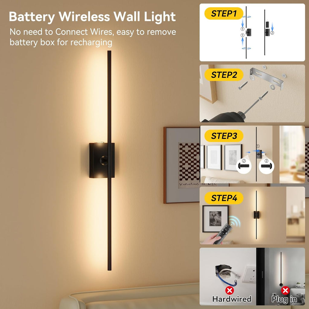 Battery Operated Wall Sconces Set of 2, 10000mAh Wireless Rechargeable 3000-6000K Dimmable 350° Rotate Wall Light
