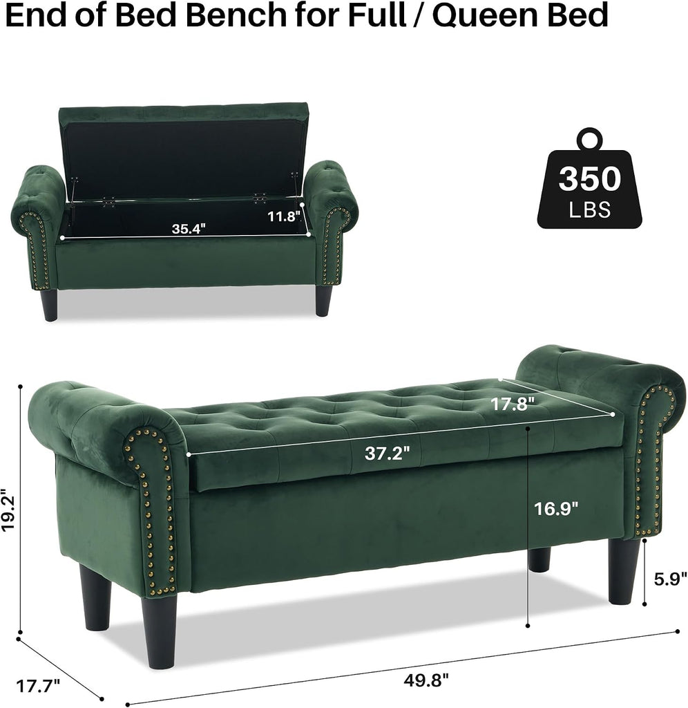 50" Storage Bench , Velvet Upholstered, Green | End of Bedroom Bed Bench Ottoman with Tufted Cushioned Rolled Arm